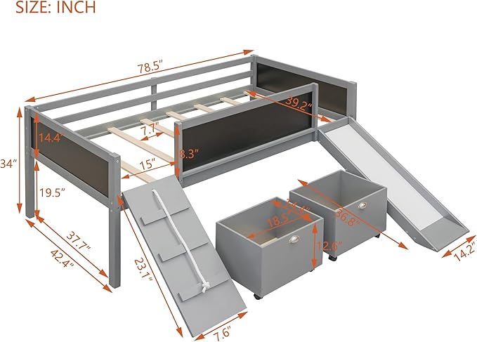 Twin Size Low Loft Bed with Slide and 2 Storage Boxes,Kids Low Loft Bed Frame with Climbing and Chalkboard,Solid Loft Bed Twin for Boys,Girls,Gray - LeafyLoom