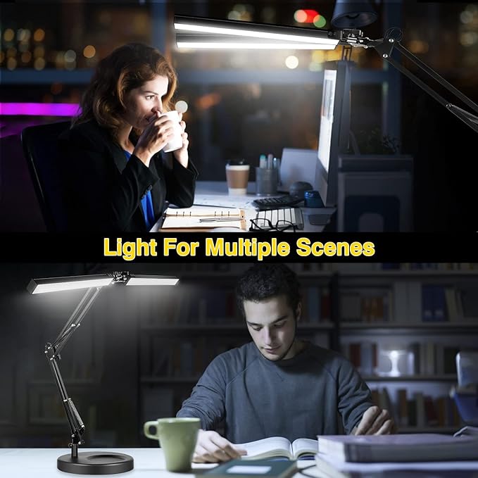 2-in-1 LED Double Head Desk Lamps for Home Office, 24W Brightest Workbench Light, Architect Lamp with Clamp & Base, 3 Colors 10 Dimming Swing Arm Lamp for Reading/Study/Computer Light - LeafyLoom