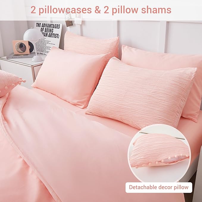 8 Piece Woven Texture Pink Comforter Set Queen, Bed in a Bag Bedding Sets Queen with Comforter and Sheets, Soft Lightweight Comforter Set with Deocor Throw Pillow, Pink - LeafyLoom