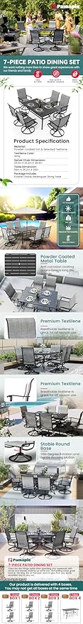 Pamapic 7 Pieces Patio Dining Set, Outdoor Dining Set All-Weather for Backyard Poolside Garden Deck, Modern Outdoor Table and Chairs Set with 6 Textilene Swivel Chairs,Gray - LeafyLoom