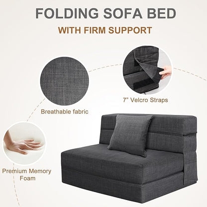 Convertible Sleeper Chair Bed with Pillow Memory Foam Fold Sofa Bed Couch Futon Lazy for Living Room/Home Office/Guest Beds/Apartment/Upstairs Loft,Twin Size,Dark Gray - LeafyLoom