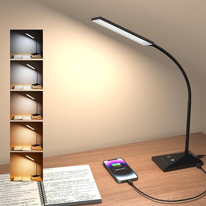 LED Desk Lamp Eye-Caring Table Lamps with USB Charging Port,7 Brightness Levels & 5 Color Modes,Touch Control and Memory Function, Flexible Gooseneck Reading Lamp for Home Office, Black - LeafyLoom