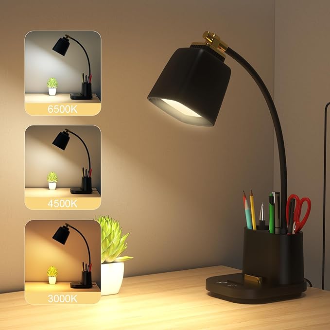 LED Desk Lamp with 2 USB Charging Port, 2 Pen Holders 3 Color Modes Dimmable Reading Light Desk Light, LED Small Desk Lamp Flexible Gooseneck Touch Table Lamp for Bedside Office Home, AC Adapter - LeafyLoom