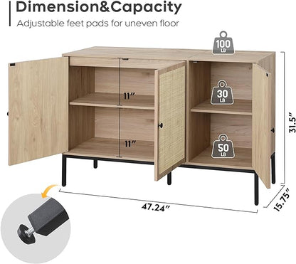 Brafab Rattan Cabinet Storage Sideboard Buffet Table Accent Console for Living Room Entryway Kitchen Dining Room 3 Doors - LeafyLoom
