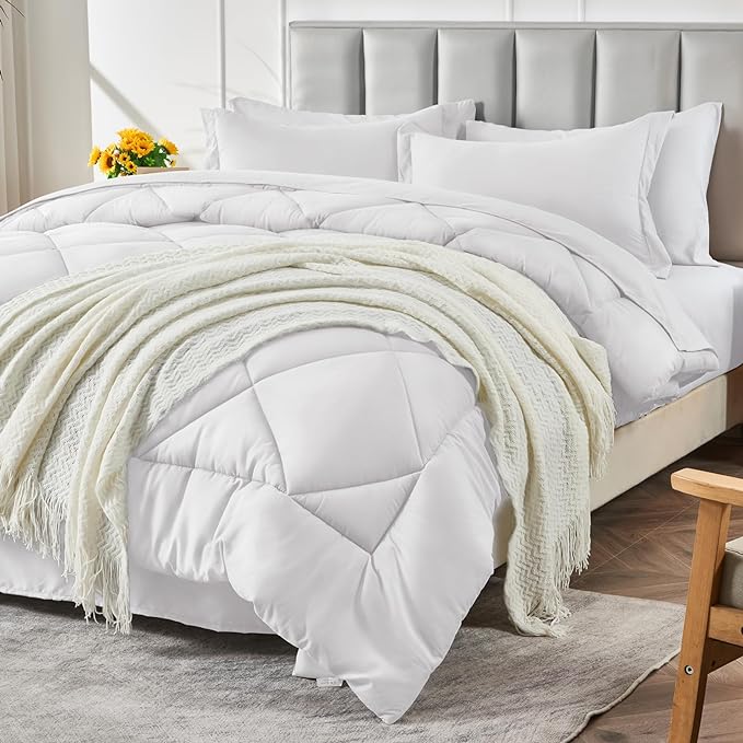 CozyLux Full Comforter Set with Sheets 7 Pieces Bed in a Bag White All Season Bedding Sets with Comforter, Pillow Shams, Flat Sheet, Fitted Sheet and Pillowcases - LeafyLoom