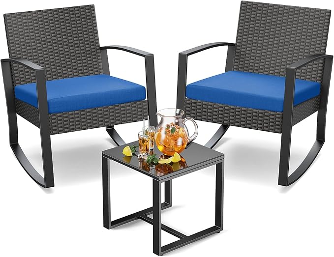 Patio Furniture Set 3 Pieces, Rattan Rocking Patio Chairs, Modern Outdoor Bistro Table and Chairs Conversation Set for Balcony Porch Garden Yard Poolside, Blue - LeafyLoom