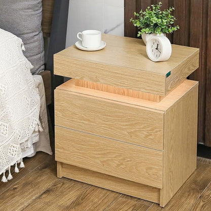 HOMMPA LED Nightstand Wood Bedside Table with Led Lights Modern LED Night Stand with 2 Drawers Smart Nightstand Matte Night Table for Bedroom 20.5" Tall - LeafyLoom