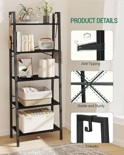 Ladder Shelf, Bookshelf Bookcase, Freestanding Corner Storage Shelve with 2 Hooks for Home Office, Living Room, Kitchen, Bedroom, Industrial, 5-Tier Black BC19304B - LeafyLoom