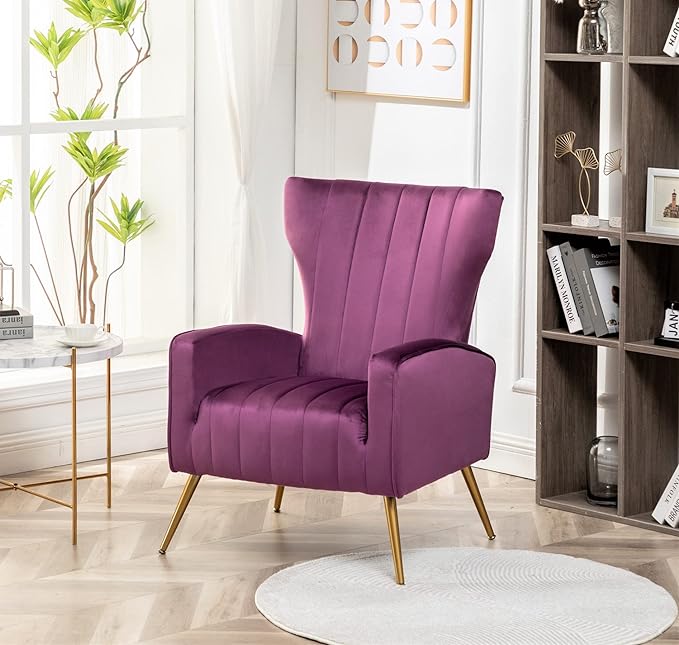 Armchair Modern Velvet Accent Chair, Channel Tufted Bedroom, Office or Living Room Furniture with Elegant Metal Legs, Purple - LeafyLoom