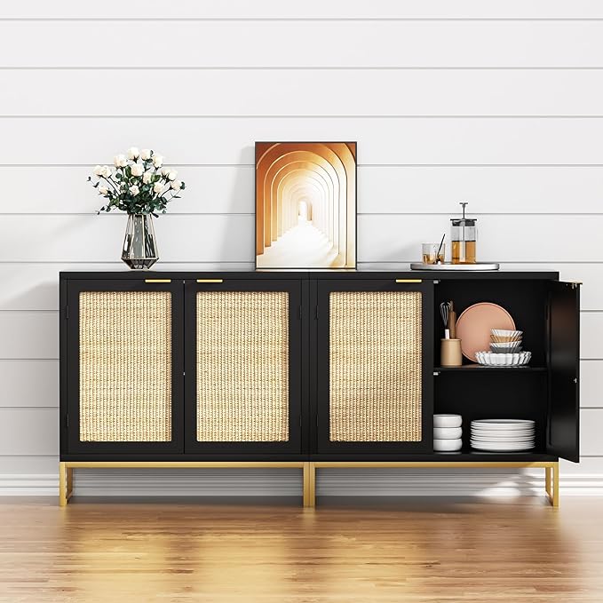 Anmytek Rattan Sideboard Buffet Kitchen Storage Cabinet with 2 Doors, Modern Black Accent Cabinet for Kitchen Buffet Cabinet with Storage for Kitchen - LeafyLoom