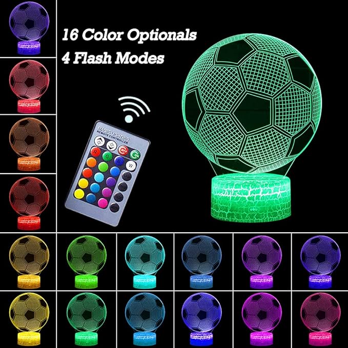 Soccer Night Light, 3D Illusion Lamp for Kids, Touch & Remote Control Multiple Colour & Flashing Modes and Brightness Adjusted Room Decor Christmas Birthday Gifts for Boys Sport Lovers Children Teen - LeafyLoom