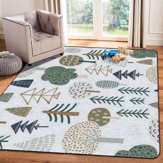 Soft Kids Play Area Rugs 3D Home Woodland Seamless Trendy Forest Texture Abstract Hand Drawn Tree Plush Rugs Non Slip Shaggy Carpets for Kids' Bedroom Classroom Playroom Nursery Décor 5'x8' - LeafyLoom