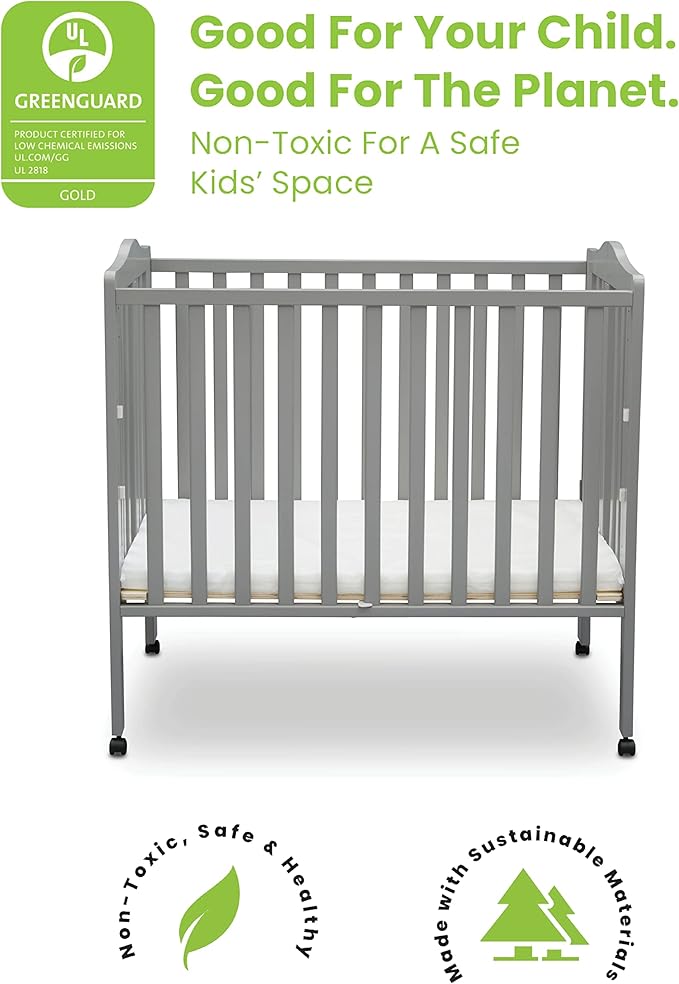 Delta Children Folding Portable Mini Baby Crib with 1.5-inch Mattress - Greenguard Gold Certified, Grey - LeafyLoom