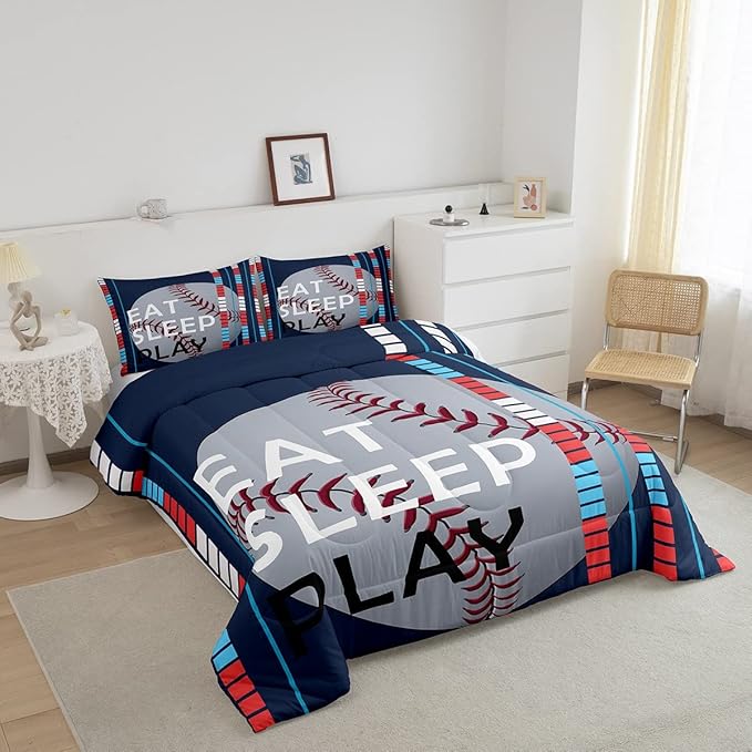 Feelyou Baseball Comforter Set Sports Game Bedding Set for Boys Girls Baseball Gaming Blue Stripe Comforter Gift for Baseball Softball Lover Room Decor Queen Size Quilt Boys - LeafyLoom