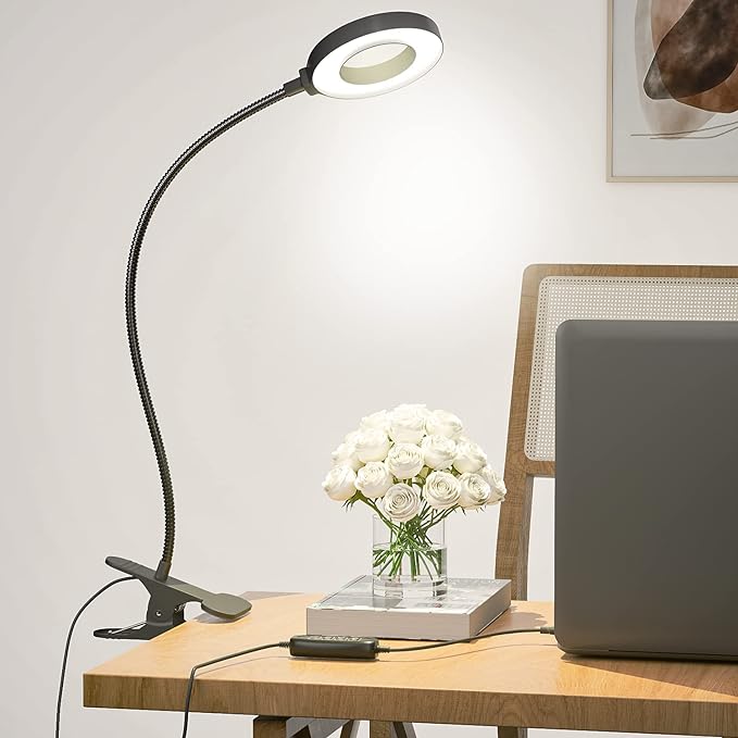 Juhefa Clip on Light, USB Powered LED Desk Lamp with Gooseneck for Reading in Bed, Headboard, Office, Makeup, 10-Level Dimmable, 3 Colors Changable (with Adapter) - LeafyLoom