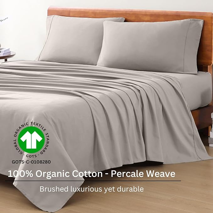 LANE LINEN 100% Organic Cotton Twin XL Sheets Set 3-Piece Pure Percale Extra Long Soft Bedding Breathable Fits Mattress Upto 15" Deep - Silver - LeafyLoom