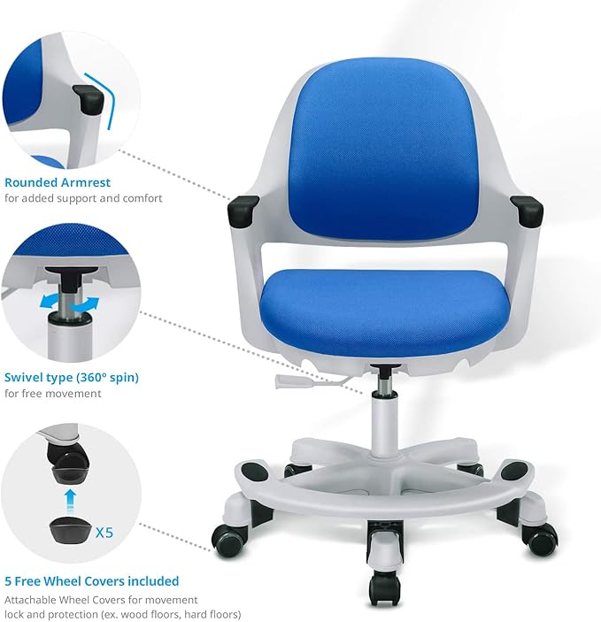 Kids Desk Chair: Ergonomic Kids Computer Chair | Adjustable Kids Office Chair with Wheels & Arms | Study Chair for Girls and Boys - Kids Chair Desk with Wheel Covers (Ocean Blue) - LeafyLoom