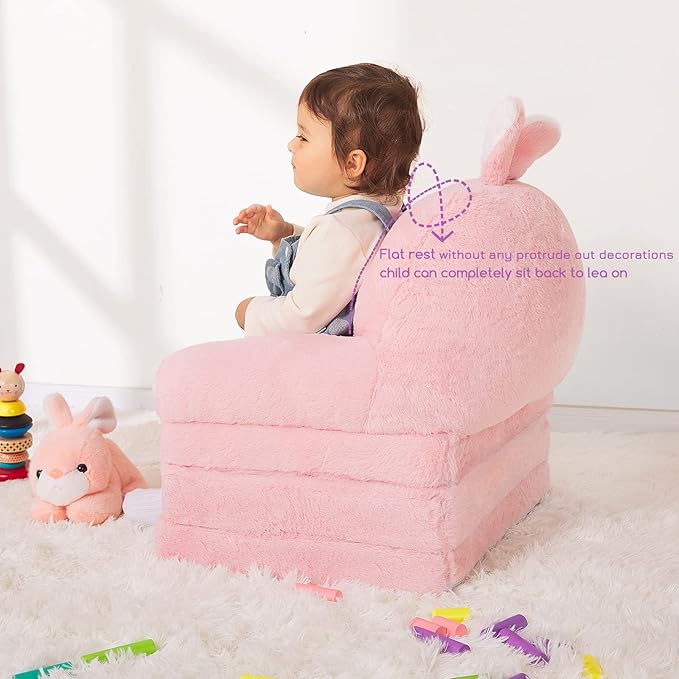 Kids Couch Fold Out Soft Toddler Chairs,Toddler Armrest Chair Bed for Play,Gift for 0-3 Years,Pink Bunny - LeafyLoom