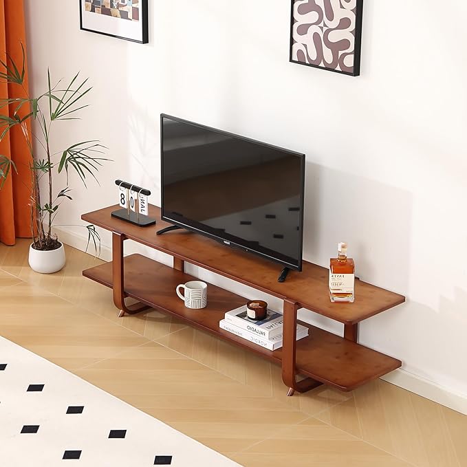 Tiita TV Stand with Storage for TVs up to 65'', Bamboo TV Console Entertainment Center with 2 Open Shelf, Mid Century Modern Media Console for Living Room, Bedroom, Walnut - LeafyLoom