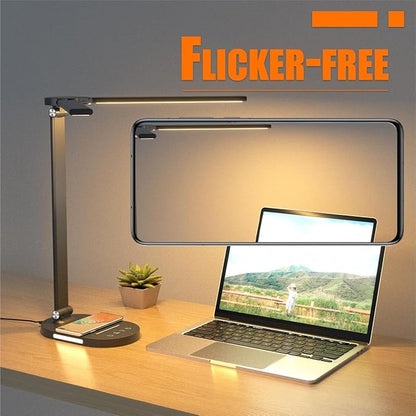 Clearance 12W Bright Desk Lamp for Home Office, Wireless Charger, USB Charging Port, 2 Night Light, 1H Timer AUTO-OFF, 5 Modes Dimmable 80 LED Desk Light, Adjustable 2 Office Lamp for Work, Computer - LeafyLoom