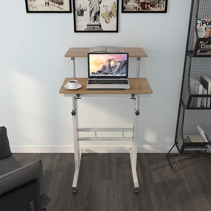 sogesfurniture Mobile Standing Desk Laptop Workstation on Wheels, Adjustable Computer Desk for Standing or Sitting, Oak 101-OK - LeafyLoom