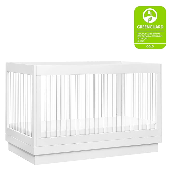 Babyletto Harlow Acrylic 3-in-1 Convertible Crib with Toddler Bed Conversion Kit in White with Acrylic Slats, Greenguard Gold Certified - LeafyLoom