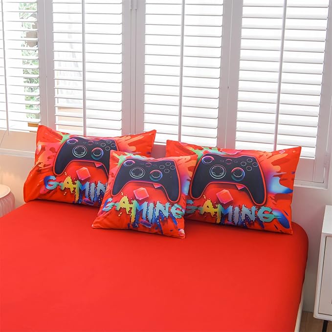 Aimuan Gaming Comforter Sets for Boys Kids Bedding Sets Video Games Console Action Buttons Novelty Colorful Game Gamepad Controller Modern Gamer Room Decor Home Quilt Set (Queen 6 Pcs,Red) - LeafyLoom