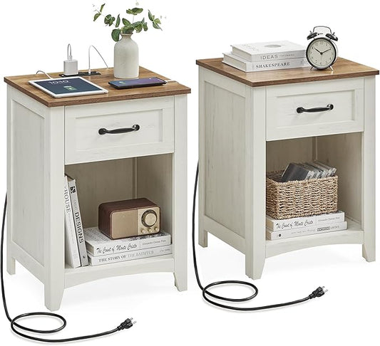 VASAGLE Farmhouse Nightstands with Charging Station, Set of 2, Bedside Tables with Drawer, Open Compartment, Side Tables with Storage, for Bedroom, Rustic White and Honey Brown ULET859K41 - LeafyLoom