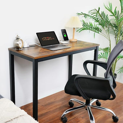 Computer Desk 40" with Power Strip, Office Writing Study, Small Computer Desks Easy Assembly Stable Metal Frame, Desk for Home Office Small Space Workbench Workstation, Rustic Brown - LeafyLoom