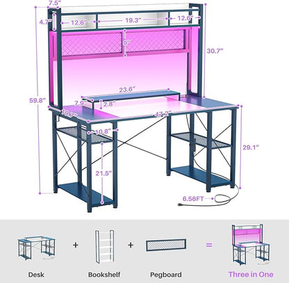 armocity 2024 Upgrade Gaming Desk with Hutch, 48'' Magic Computer Desk with LED Lights and Outlets, Reversible Workstation Desk with Pegboard and Monitor Stand, 48 Gamer Desk PC Table, White and Blue - LeafyLoom