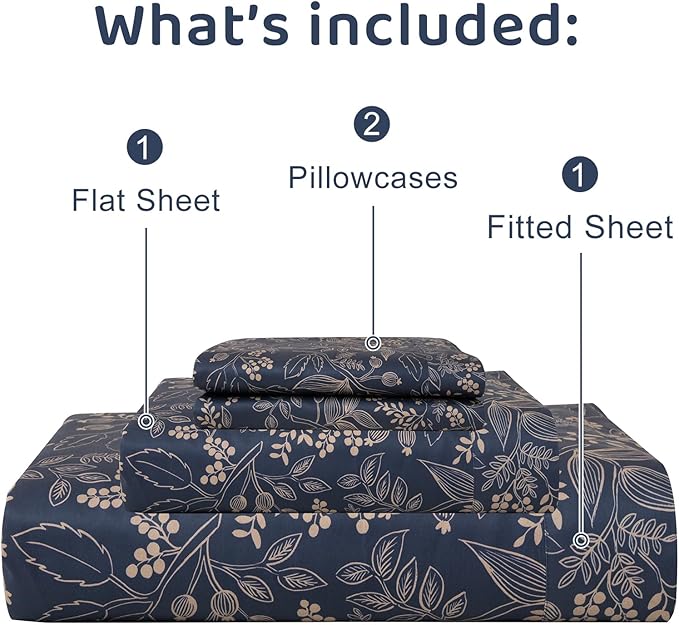 QSH Floral Egyptian Cotton Sheets Queen Size - Elegant Navy Botanical Pattern Printed Bedding Sheets Queen Size Bed Extra Soft and Breathable 4pcs Deep Pockets Bed Sheets - LeafyLoom