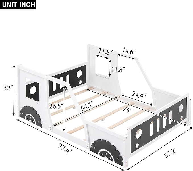 Full Size Classic Car-Shaped Platform Bed with Wheels,Wooden Floor Bedframe W/Door Design,Fun Play Toy Car Furniture for Boys Kids Toddlers Child's Bedroom,White - LeafyLoom