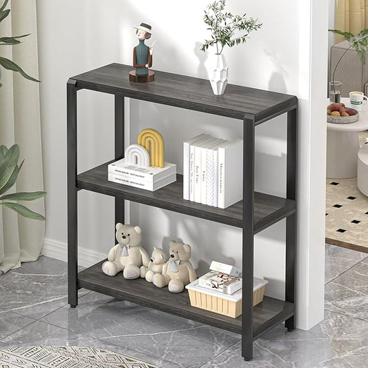 FOLUBAN Rustic Small Bookshelf and Bookcase, 3 Tier Low Short Book Shelf, Industrial Metal and Wood Book Case for Bedroom Living Room, Dark Gray - LeafyLoom