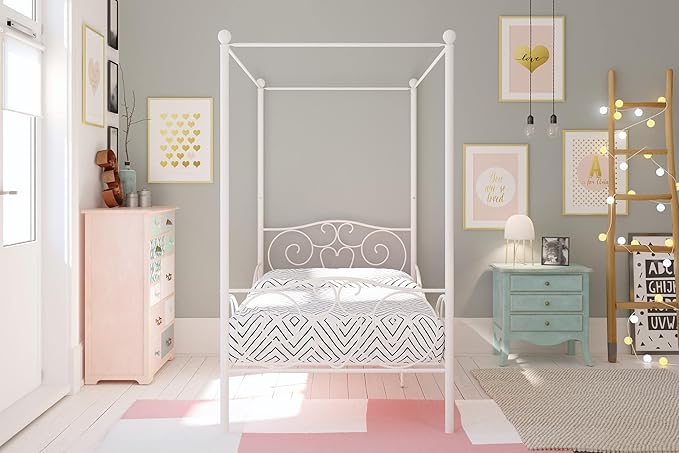 DHP Metal Canopy Kids Platform Bed with Four Poster Design, Scrollwork Headboard and Footboard, Underbed Storage Space, No Box Sring Needed, Twin, White - LeafyLoom