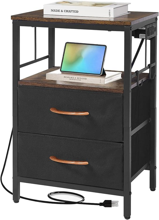 Nightstand with Charging Station, Side Table with Fabric Drawers and Open Shelf, Night Stand for Bedroom Decor, Bedside Table with USB Ports & Outlets (Rustic Brown,1) - LeafyLoom