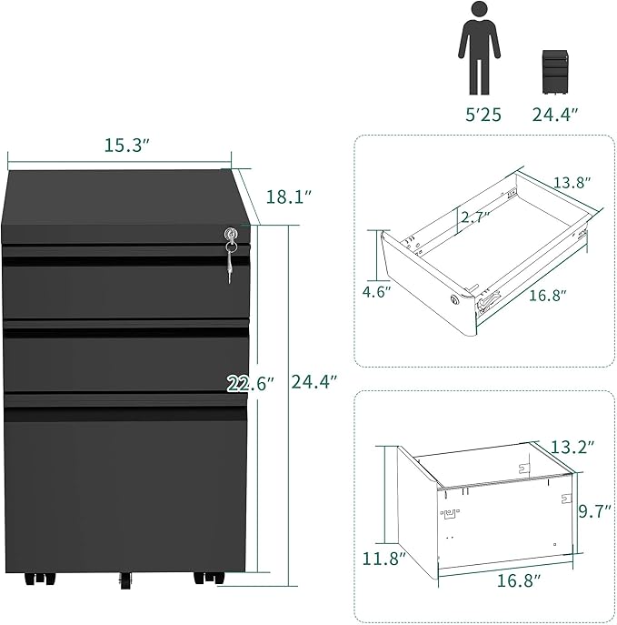 YITAHOME 3-Drawer Mobile File Cabinet with Lock, Office Storage Filing Cabinet for Legal/Letter Size, Pre-Assembled Metal File Cabinet Except Wheels Under Desk -Black - LeafyLoom