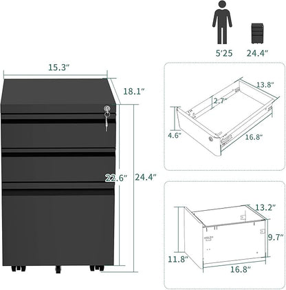 YITAHOME 3-Drawer Mobile File Cabinet with Lock, Office Storage Filing Cabinet for Legal/Letter Size, Pre-Assembled Metal File Cabinet Except Wheels Under Desk -Black - LeafyLoom