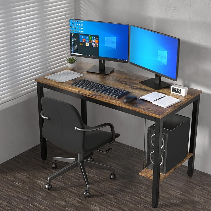 Computer Desk 47" Writing Desk Study Table with CPU Storage Shelf for Home Office, Workstation, Office, Gaming Room- Sturdy Stable Black Metal Frame, Rustic Brown - LeafyLoom