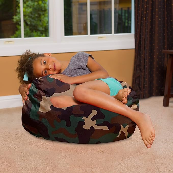 Posh Creations Bean Bag Chair for Kids, Teens, and Adults Includes Removable and Machine Washable Cover, Soft Nylon - Camo Green, 27in - Medium - LeafyLoom