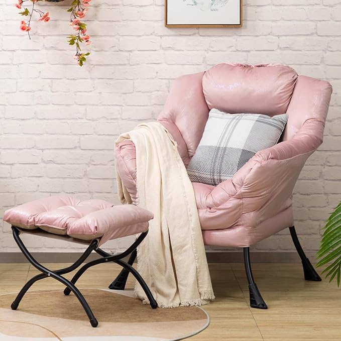 HollyHOME Fabric Lazy Chair with Foldable Ottoman, Accent Comfy Lounge Arm Chair and Folding Footrest Stool Set, Leisure Sofa Reading Chair and Footstool for Living Room, Bedroom, Dorm, Laser Pink - LeafyLoom