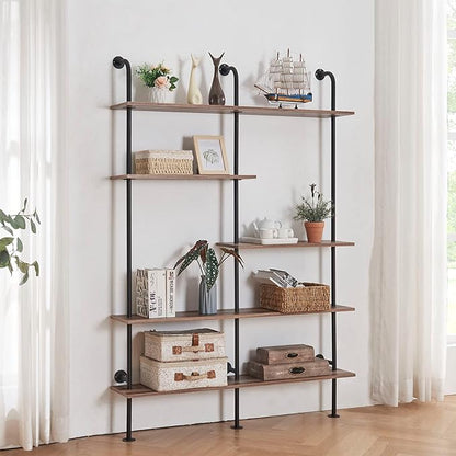 HOMISSUE Industrial Bookshelf 5-Tier Open Wall Mount Ladder Bookshelf, Modern Bookcase with Metal Frame and Wood Style for Home Office, Wall Mounted industrial Iron Pipe Shelf, Oak Brown - LeafyLoom