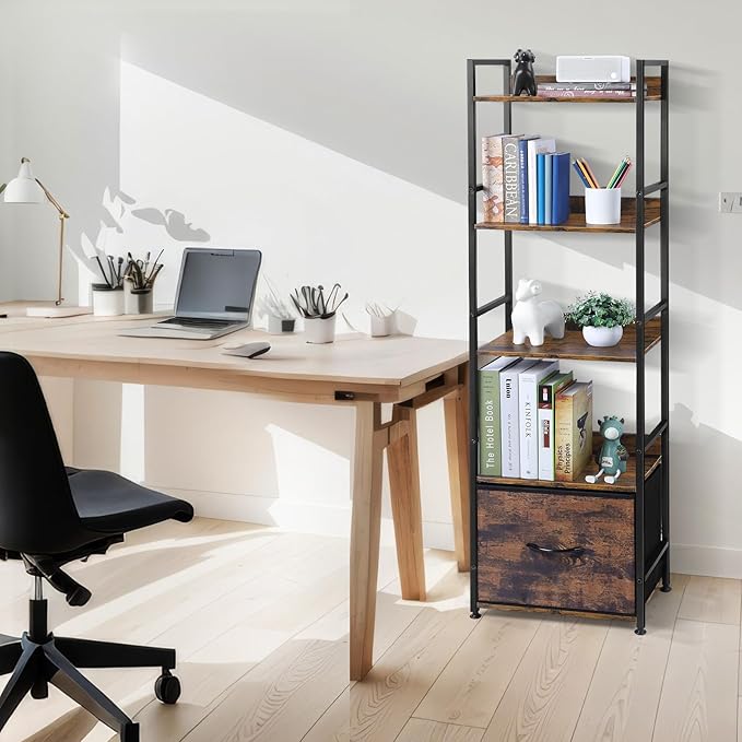 5 Tier Bookshelf with Storage, Bookcase with Drawers, Storage Shelves for Living Room / Home Office, Wood Shelves & Metal Shelf Organizer, Book Shelf for Bedroom, Tall & Ladder Bookshelf, Brown - LeafyLoom