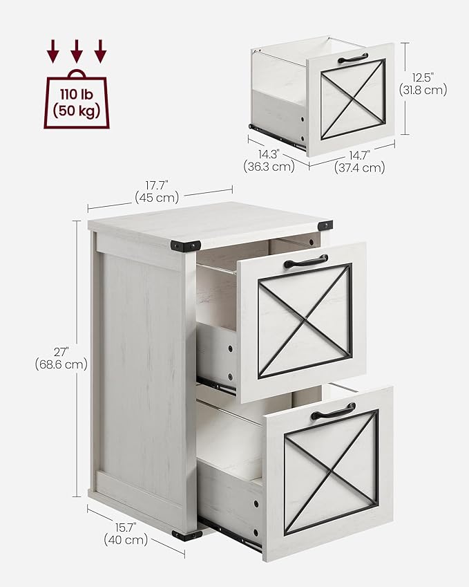 VASAGLE File Cabinet, Filing Cabinet with 2 Drawers, Printer Stand, Fit A4, Letter Size, Hanging File Folders, Modern Farmhouse Style, for Home Office, Study, Rustic White UOFC048T73 - LeafyLoom