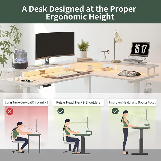 FEZIBO 63" Triple Motor L Shaped Standing Desk with LED Strip & Power Outlets, Height Adjustable Stand up Corner Gaming Desk with Ergonomic Monitor Stand, White Top/White Frame - LeafyLoom