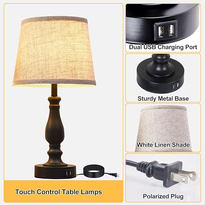 Table Lamps Set of 2, Bedside Nightstand Lamps with USB Charging Ports, 3 Way Dimmable Touch with Linen Fabric Lampshade, Modern Small Lamp for Bedrooms, Living Room (Bulbs Included) - LeafyLoom