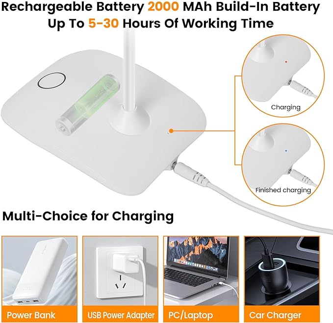 Battery Powered Desk Lamp, Portable Lamps Rechargeable 3 Color Modes Touch Control Stepless Dimming, Wireless Desk Lamp with 2000mAh, Small LED Table Light for Dorm Study Office Bedroom - LeafyLoom