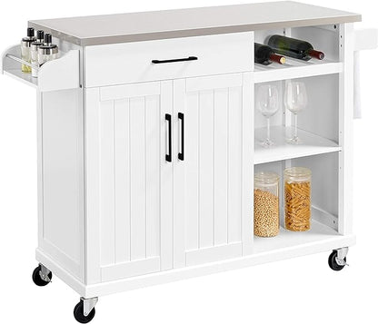 Yaheetech Kitchen Island Cart with Stainless Steel Top, Rolling Storage Cabinet on Wheels with Drawer& Wine Rack & Spice Rack, Sideboard Buffet with Towel Bar, White - LeafyLoom