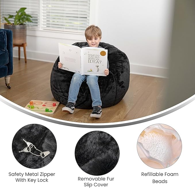 Flash Furniture Dillon Small Black Furry Bean Bag Chair for Kids and Teens - LeafyLoom