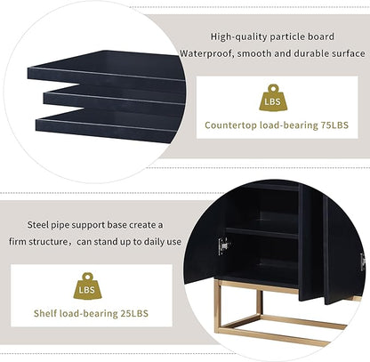 Sideboard Buffet Cabinet with Large Storage Space,Modern Particle Board Kitchen Console Table,W/ 4 Doors and Gold Metal Legs,Dining Room,Entryway,Black, 47.2" - LeafyLoom