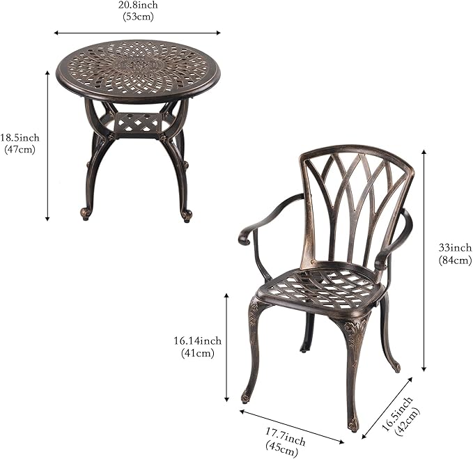 Jardin DE CENTENNAIL 3-Piece Outdoor Bistro Set Cast Aluminum Rust-Resistant Patio Furniture Armchairs Design (Copper) - LeafyLoom